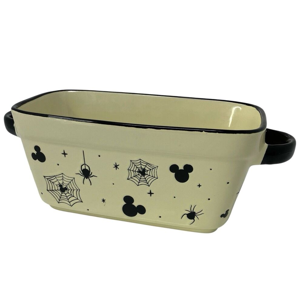 Disney Baking Dish Cream Ceramic Mickey Halloween Spider Web Meatloaf/Bread